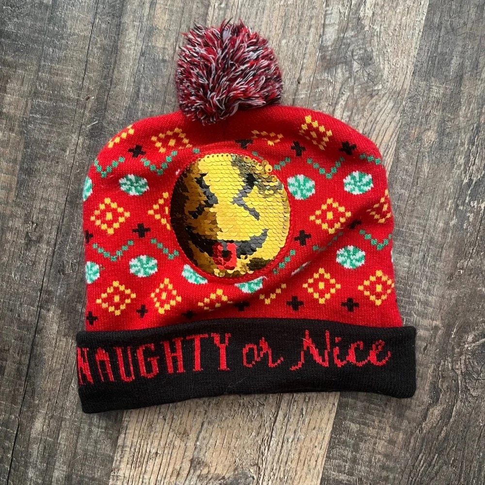 Naughty or Nice Sequin Smiley Face Pom Pom Beanie Winter Hat One‎ Size